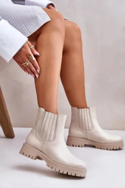 Boto Wsuwane Botki Damskie Na Płaskim Obcasie Skórzane Lewski 3611 Jasnobeżowe Beżowy