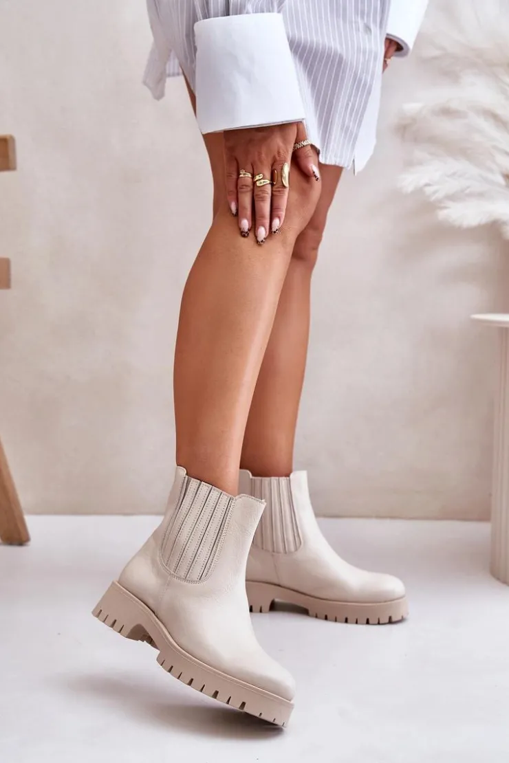 Boto Wsuwane Botki Damskie Na Płaskim Obcasie Skórzane Lewski 3611 Jasnobeżowe Beżowy