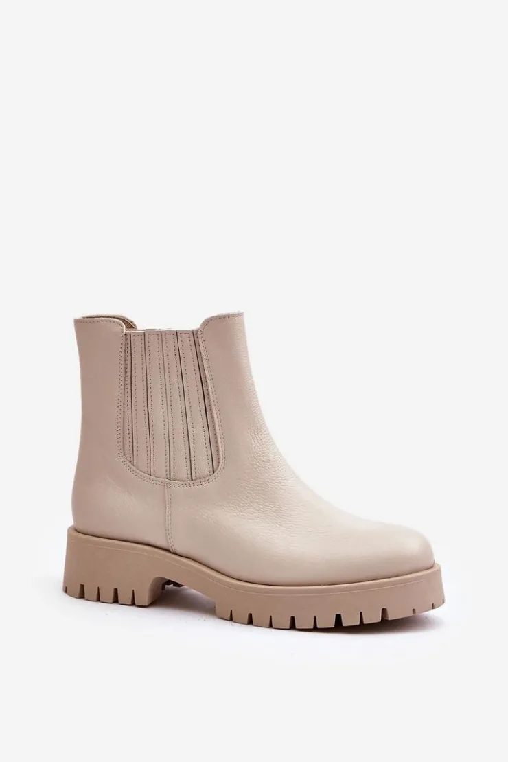 Boto Wsuwane Botki Damskie Na Płaskim Obcasie Skórzane Lewski 3611 Jasnobeżowe Beżowy