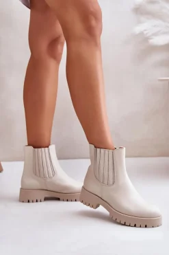 Boto Wsuwane Botki Damskie Na Płaskim Obcasie Skórzane Lewski 3611 Jasnobeżowe Beżowy