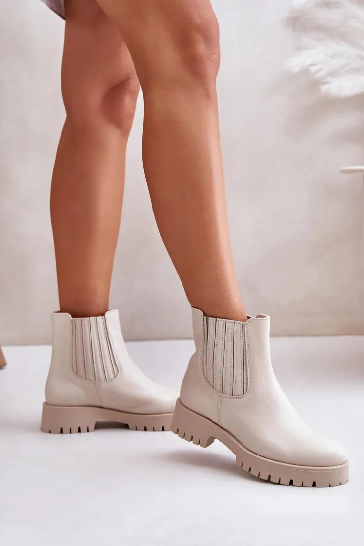 Boto Wsuwane Botki Damskie Na Płaskim Obcasie Skórzane Lewski 3611 Jasnobeżowe Beżowy