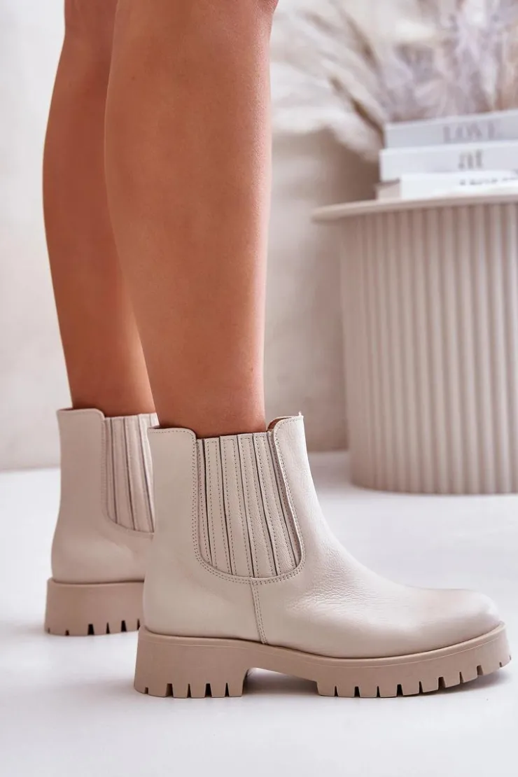 Boto Wsuwane Botki Damskie Na Płaskim Obcasie Skórzane Lewski 3611 Jasnobeżowe Beżowy