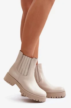 Boto Wsuwane Botki Damskie Na Płaskim Obcasie Skórzane Lewski 3611 Jasnobeżowe Beżowy