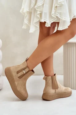 Damskie Boto Wsuwane Botki Damskie Na Platformie Z Przypinką Eko Zamszowe Brązowe Ciatheia