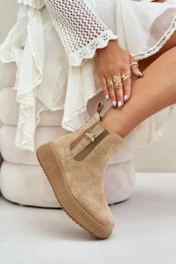 Damskie Boto Wsuwane Botki Damskie Na Platformie Z Przypinką Eko Zamszowe Brązowe Ciatheia