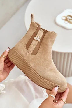 Damskie Boto Wsuwane Botki Damskie Na Platformie Z Przypinką Eko Zamszowe Brązowe Ciatheia