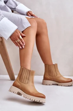 Damskie Boto Wsuwane Botki Damskie Na Płaskim Obcasie Skórzane Lewski 3611 Brązowe