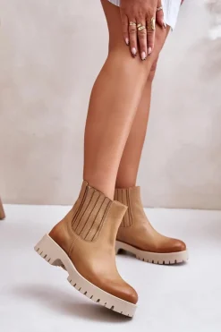 Damskie Boto Wsuwane Botki Damskie Na Płaskim Obcasie Skórzane Lewski 3611 Brązowe