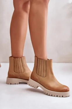 Damskie Boto Wsuwane Botki Damskie Na Płaskim Obcasie Skórzane Lewski 3611 Brązowe