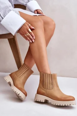 Damskie Boto Wsuwane Botki Damskie Na Płaskim Obcasie Skórzane Lewski 3611 Brązowe