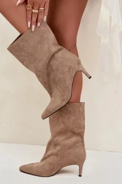 Boto Botki Ocieplane|Botki Na Obcasie*Wsuwane Botki Damskie Na Szpilce Beżowe Solvienne Beżowy