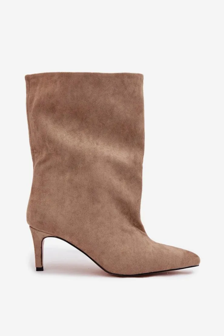 Boto Botki Ocieplane|Botki Na Obcasie*Wsuwane Botki Damskie Na Szpilce Beżowe Solvienne Beżowy