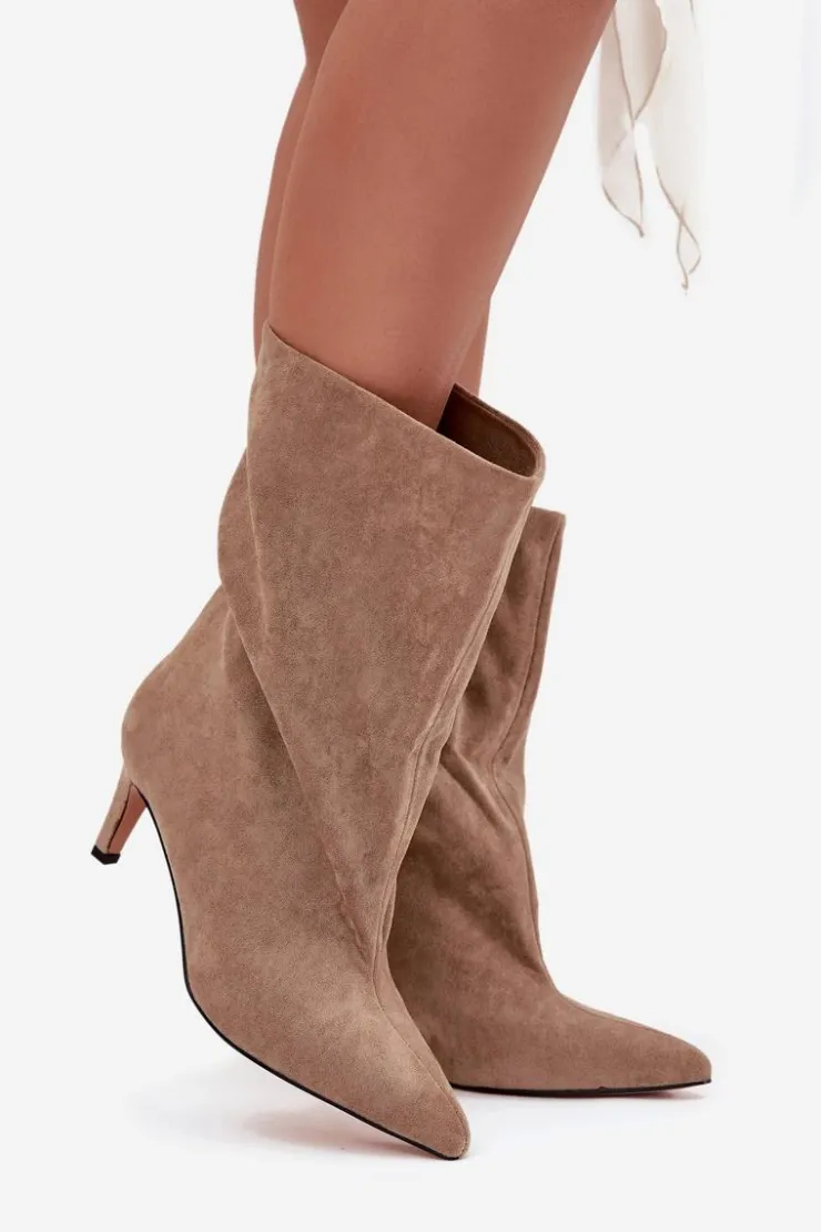 Boto Botki Ocieplane|Botki Na Obcasie*Wsuwane Botki Damskie Na Szpilce Beżowe Solvienne Beżowy