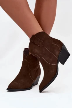 Sale Boto Wsuwane Botki Kowbojki Damskie Z Naturalnego Zamszu Czekoladowe Beretta Brązowy