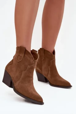 Boto Botki Ocieplane|Botki Na Słupku*Wsuwane Botki Kowbojki Damskie Z Naturalnego Zamszu Camel Beretta Brązowy