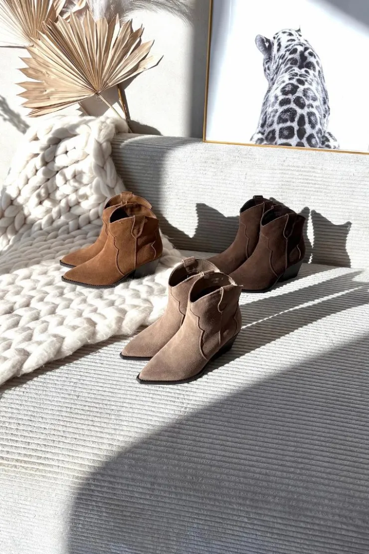 Boto Botki Ocieplane|Botki Na Słupku*Wsuwane Botki Kowbojki Damskie Z Naturalnego Zamszu Camel Beretta Brązowy