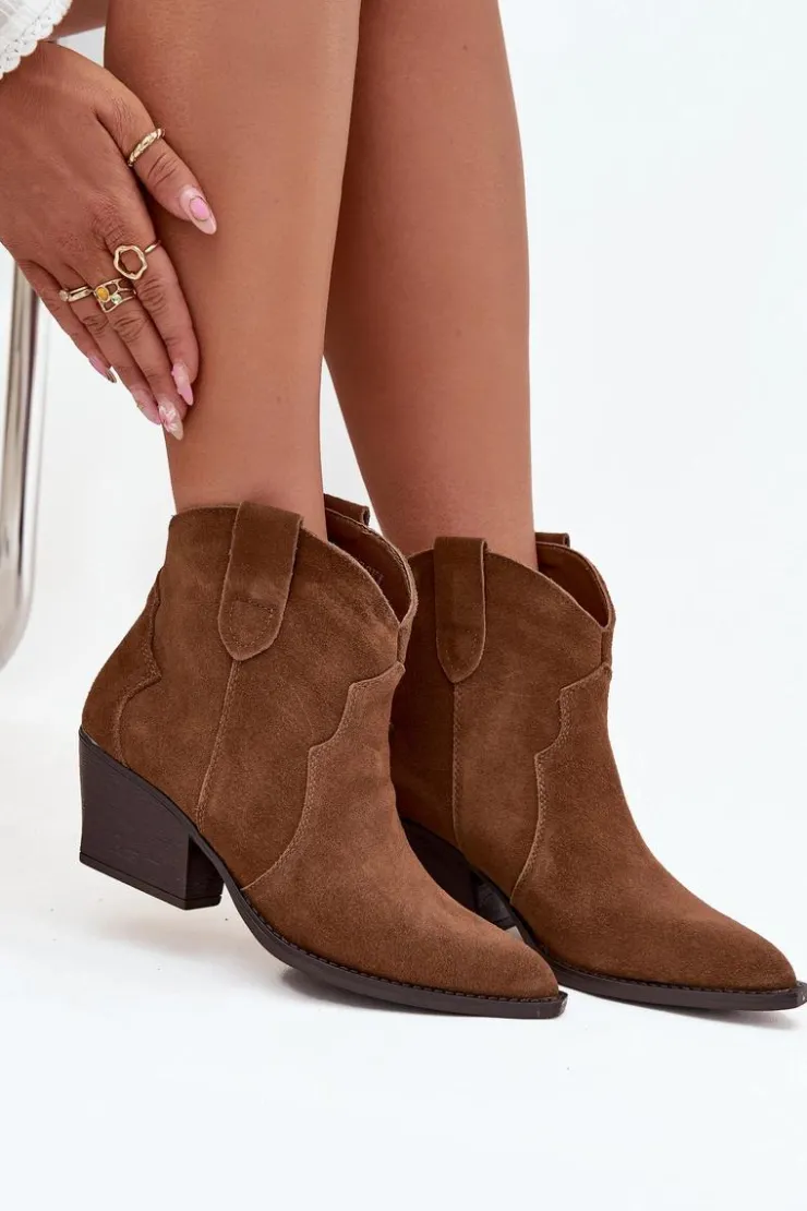 Boto Botki Ocieplane|Botki Na Słupku*Wsuwane Botki Kowbojki Damskie Z Naturalnego Zamszu Camel Beretta Brązowy