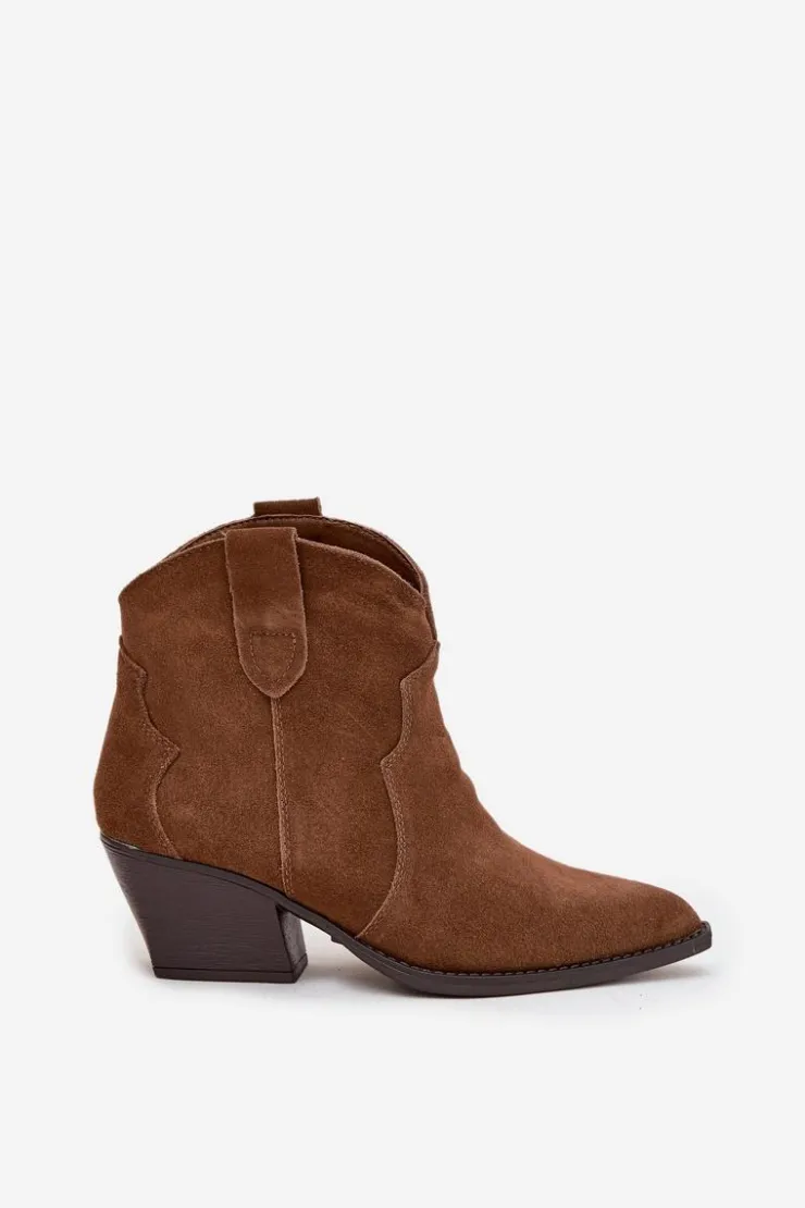 Boto Botki Ocieplane|Botki Na Słupku*Wsuwane Botki Kowbojki Damskie Z Naturalnego Zamszu Camel Beretta Brązowy