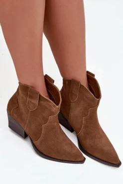 Boto Botki Ocieplane|Botki Na Słupku*Wsuwane Botki Kowbojki Damskie Z Naturalnego Zamszu Camel Beretta Brązowy