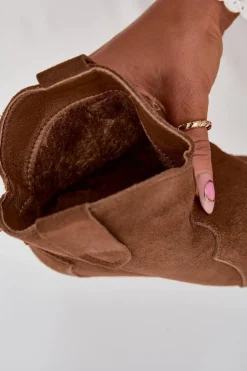 Boto Botki Ocieplane|Botki Na Słupku*Wsuwane Botki Kowbojki Damskie Z Naturalnego Zamszu Camel Beretta Brązowy