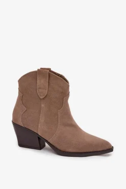 Clearance Boto Wsuwane Botki Kowbojki Damskie Z Naturalnego Zamszu Beżowe Beretta Beżowy