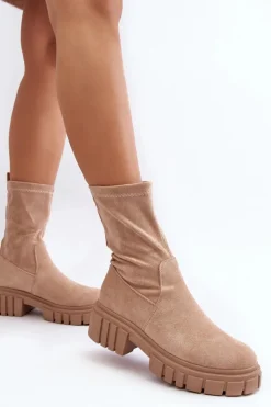 Damskie Boto Wsuwane Botki Workery Na Płaskim Obcasie Beżowe Divella