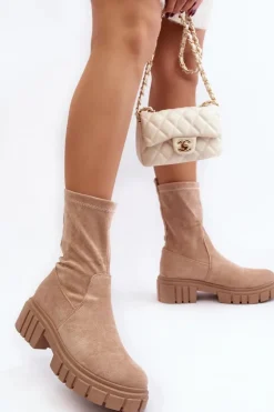 Damskie Boto Wsuwane Botki Workery Na Płaskim Obcasie Beżowe Divella