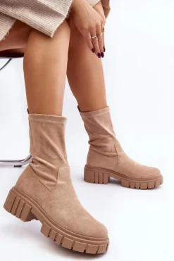 Damskie Boto Wsuwane Botki Workery Na Płaskim Obcasie Beżowe Divella