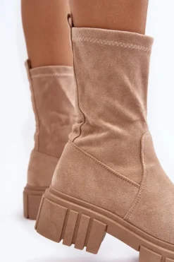 Damskie Boto Wsuwane Botki Workery Na Płaskim Obcasie Beżowe Divella