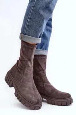 Damskie Boto Wsuwane Botki Workery Na Płaskim Obcasie Szare Divella