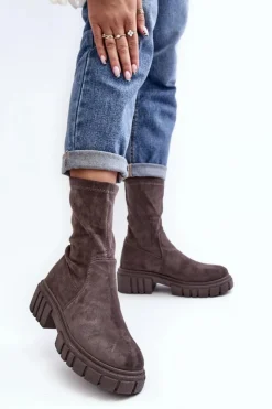 Damskie Boto Wsuwane Botki Workery Na Płaskim Obcasie Szare Divella