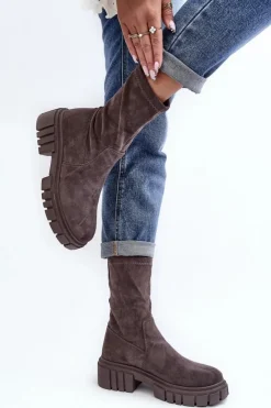 Damskie Boto Wsuwane Botki Workery Na Płaskim Obcasie Szare Divella