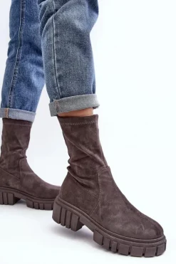 Damskie Boto Wsuwane Botki Workery Na Płaskim Obcasie Szare Divella