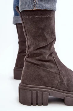 Damskie Boto Wsuwane Botki Workery Na Płaskim Obcasie Szare Divella