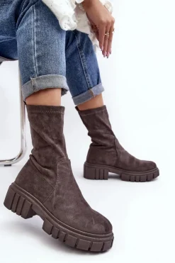 Damskie Boto Wsuwane Botki Workery Na Płaskim Obcasie Szare Divella