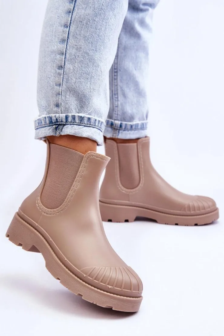 Damskie Boto Wsuwane Gumowe Botki Kalosze Sztyblety Beżowe Carme