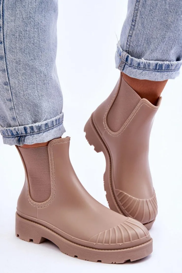 Damskie Boto Wsuwane Gumowe Botki Kalosze Sztyblety Beżowe Carme