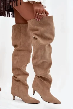 Boto Kozaki Ocieplane|Muszkieterki*Wsuwane Kozaki Damskie Na Szpilce Beżowe Ysolienne Beżowy