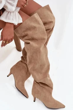Boto Kozaki Ocieplane|Muszkieterki*Wsuwane Kozaki Damskie Na Szpilce Beżowe Ysolienne Beżowy