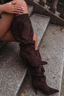 Boto Kozaki Ocieplane|Kozaki Na Szpilce*Wsuwane Kozaki Damskie Na Szpilce Z Eko Zamszu Czekoladowe Noretta Brązowy