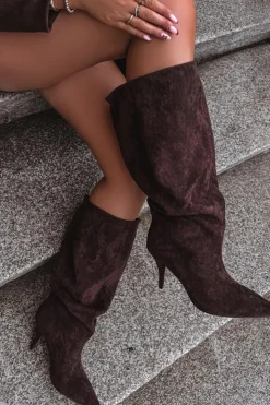 Boto Kozaki Ocieplane|Kozaki Na Szpilce*Wsuwane Kozaki Damskie Na Szpilce Z Eko Zamszu Czekoladowe Noretta Brązowy