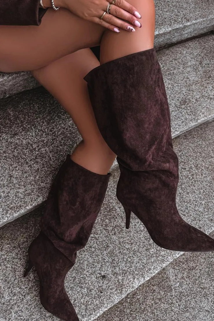 Boto Kozaki Ocieplane|Kozaki Na Szpilce*Wsuwane Kozaki Damskie Na Szpilce Z Eko Zamszu Czekoladowe Noretta Brązowy