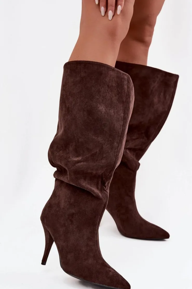 Boto Kozaki Ocieplane|Kozaki Na Szpilce*Wsuwane Kozaki Damskie Na Szpilce Z Eko Zamszu Czekoladowe Noretta Brązowy
