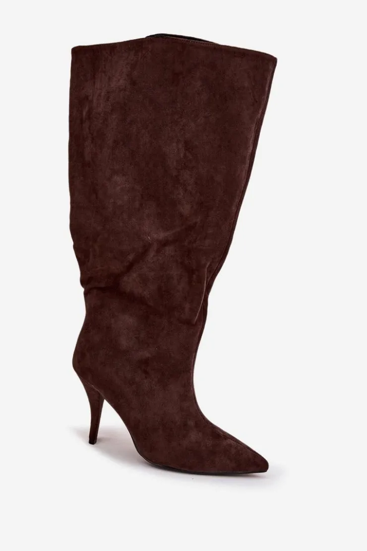 Boto Kozaki Ocieplane|Kozaki Na Szpilce*Wsuwane Kozaki Damskie Na Szpilce Z Eko Zamszu Czekoladowe Noretta Brązowy