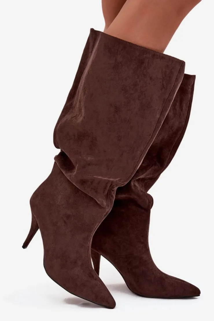 Boto Kozaki Ocieplane|Kozaki Na Szpilce*Wsuwane Kozaki Damskie Na Szpilce Z Eko Zamszu Czekoladowe Noretta Brązowy