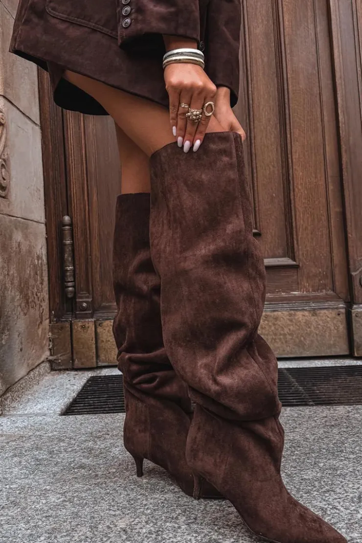 Clearance Boto Wsuwane Kozaki Damskie Na Szpilce Czekoladowe Ysolienne Brązowy