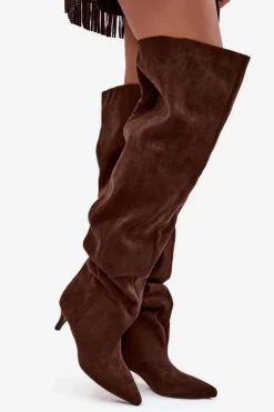 Clearance Boto Wsuwane Kozaki Damskie Na Szpilce Czekoladowe Ysolienne Brązowy