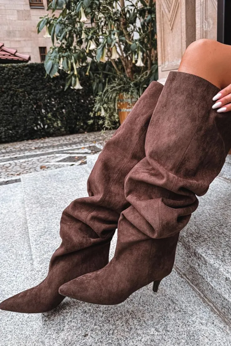 Clearance Boto Wsuwane Kozaki Damskie Na Szpilce Czekoladowe Ysolienne Brązowy