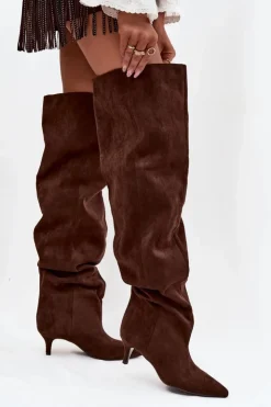 Clearance Boto Wsuwane Kozaki Damskie Na Szpilce Czekoladowe Ysolienne Brązowy