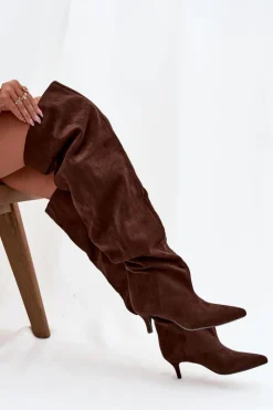 Clearance Boto Wsuwane Kozaki Damskie Na Szpilce Czekoladowe Ysolienne Brązowy